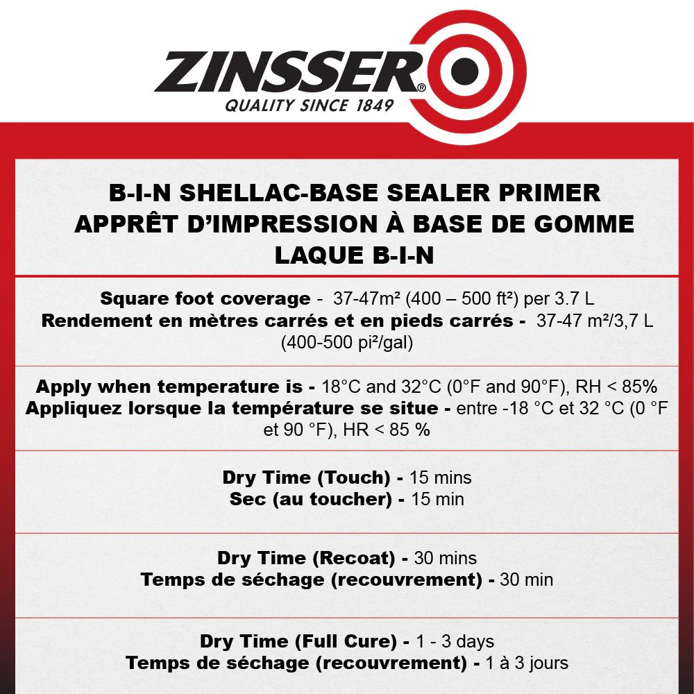 Zinsser Apprêt à base de gomme laque BIN Ultimate Performance Sealer & Stain Killer, 3.7L
